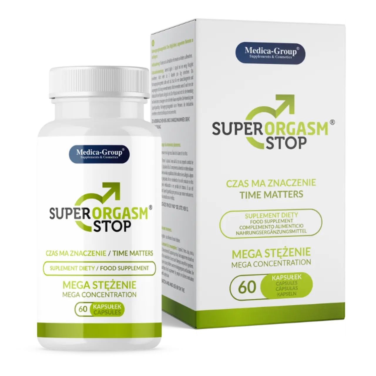 Weiße Flasche und Schachtel. Aufschrift: Super Orgasm Stop, 60 Kapseln. Marke: Medica-Group.