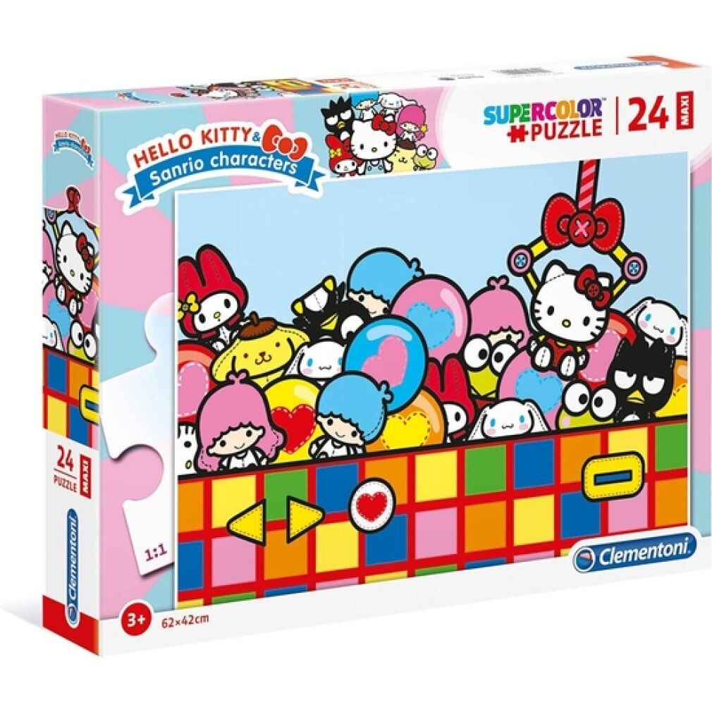 Clementoni Maxi Puzzle Hello Kitty, 24 Teile. Verpackung mit Puzzle-Motiv. Hello Kitty und Sanrio-Figuren. Altersempfehlung 3+. Abmessungen 62x42cm.