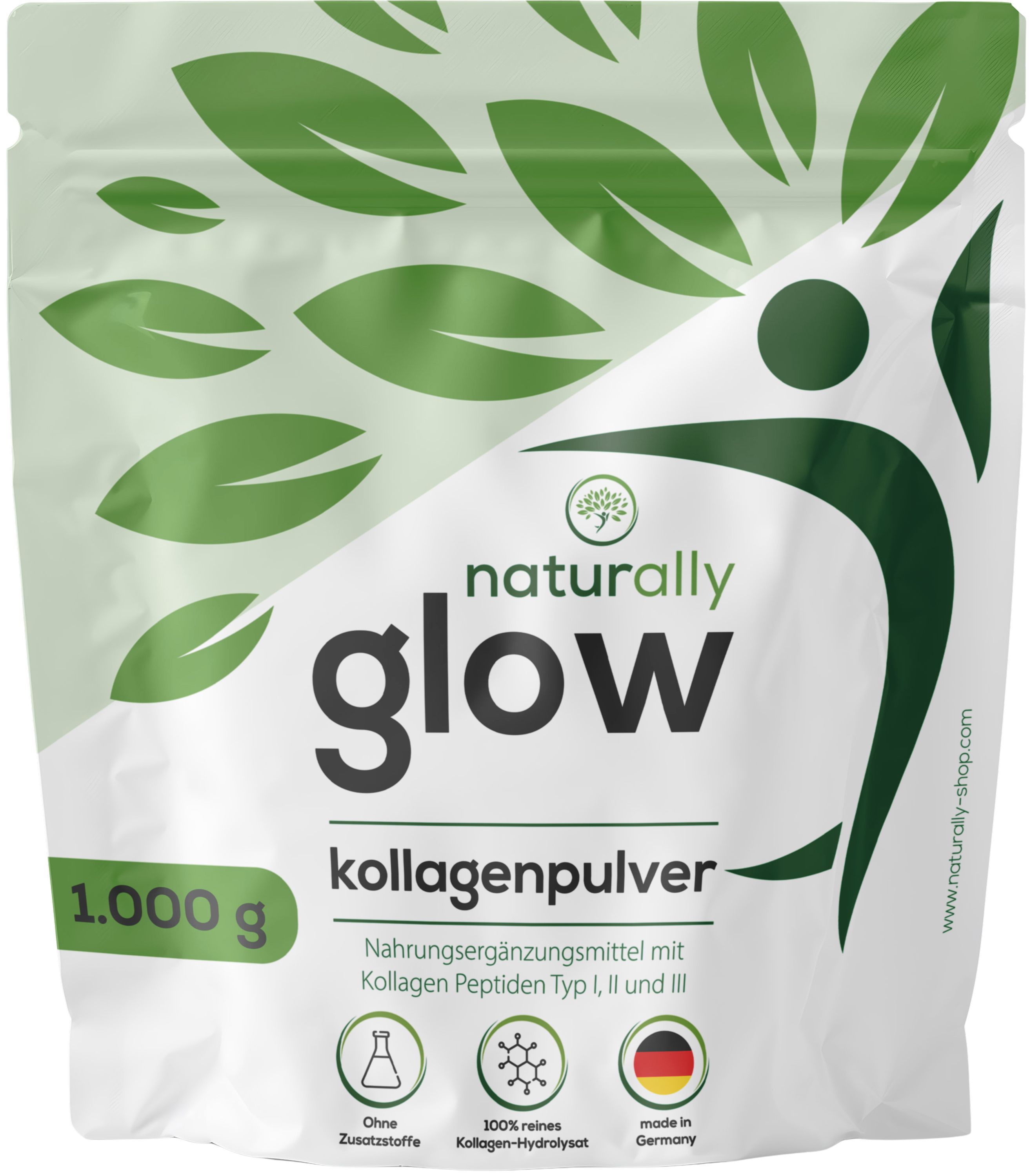 Beutel mit Kollagenpulver. Text: naturally glow, 1.000 g. Zusatzinformationen: ohne Zusätze, 100% reines Kollagen-Hydrolysat, made in Germany.