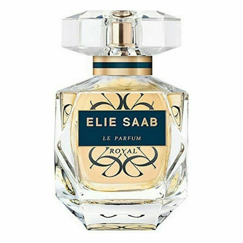 Parfümflakon mit goldfarbenem Verschluss und blauem Etikett mit goldfarbenem Schriftzug: Elie Saab Le Parfum Royal. Transparenter Flakon.