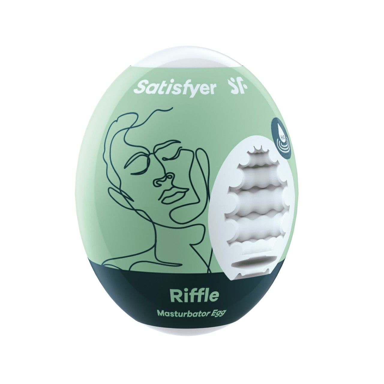 Satisfyer Masturbator Egg 'Riffle' in Grün. Eiförmiges Design mit Gesichtskontur und gewellter Textur.
