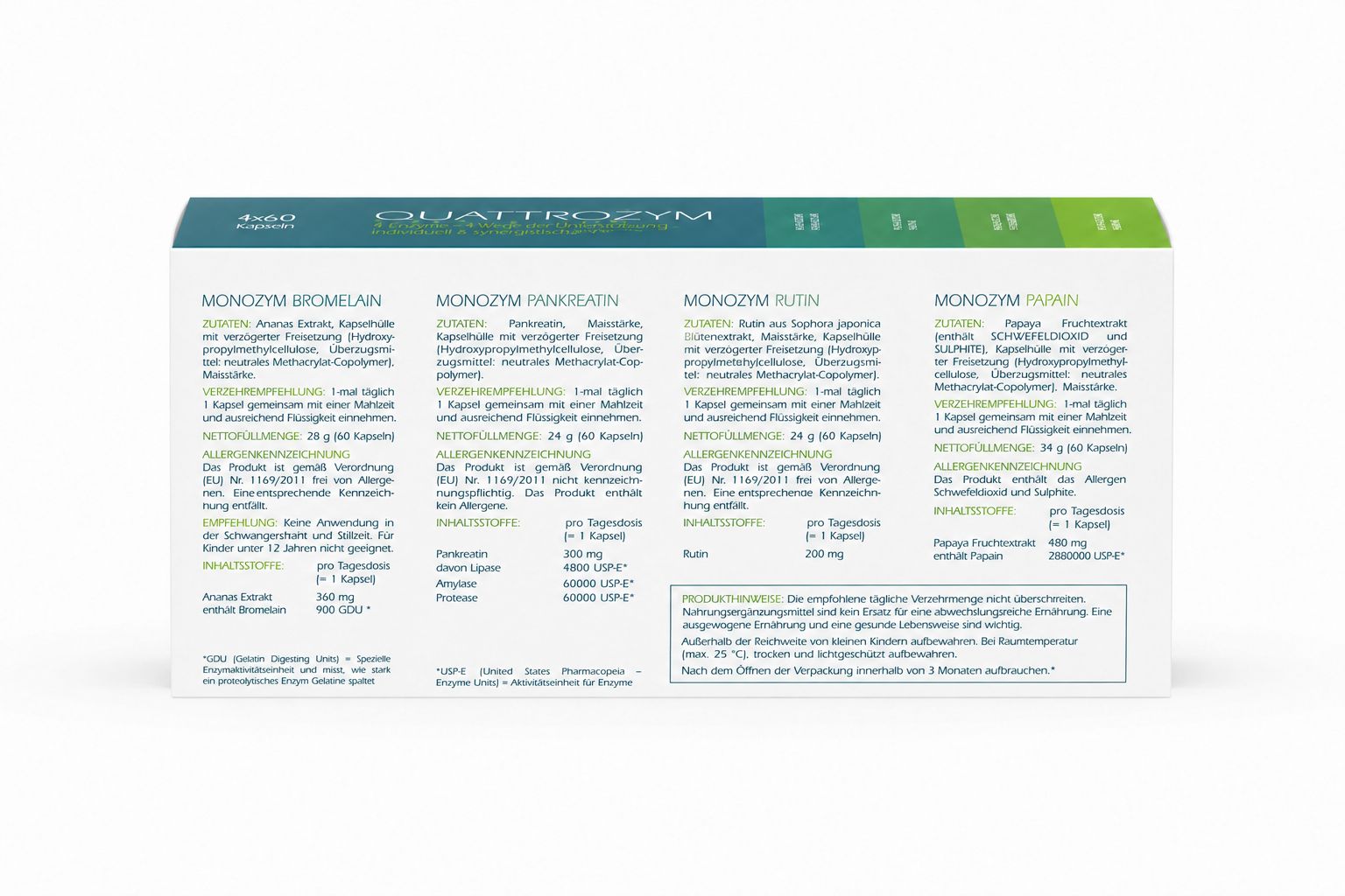 Schachtel mit Produktinformationen. Enthält Informationen zu Enzymen, Inhaltsstoffen und Dosierung. Weißer Hintergrund.