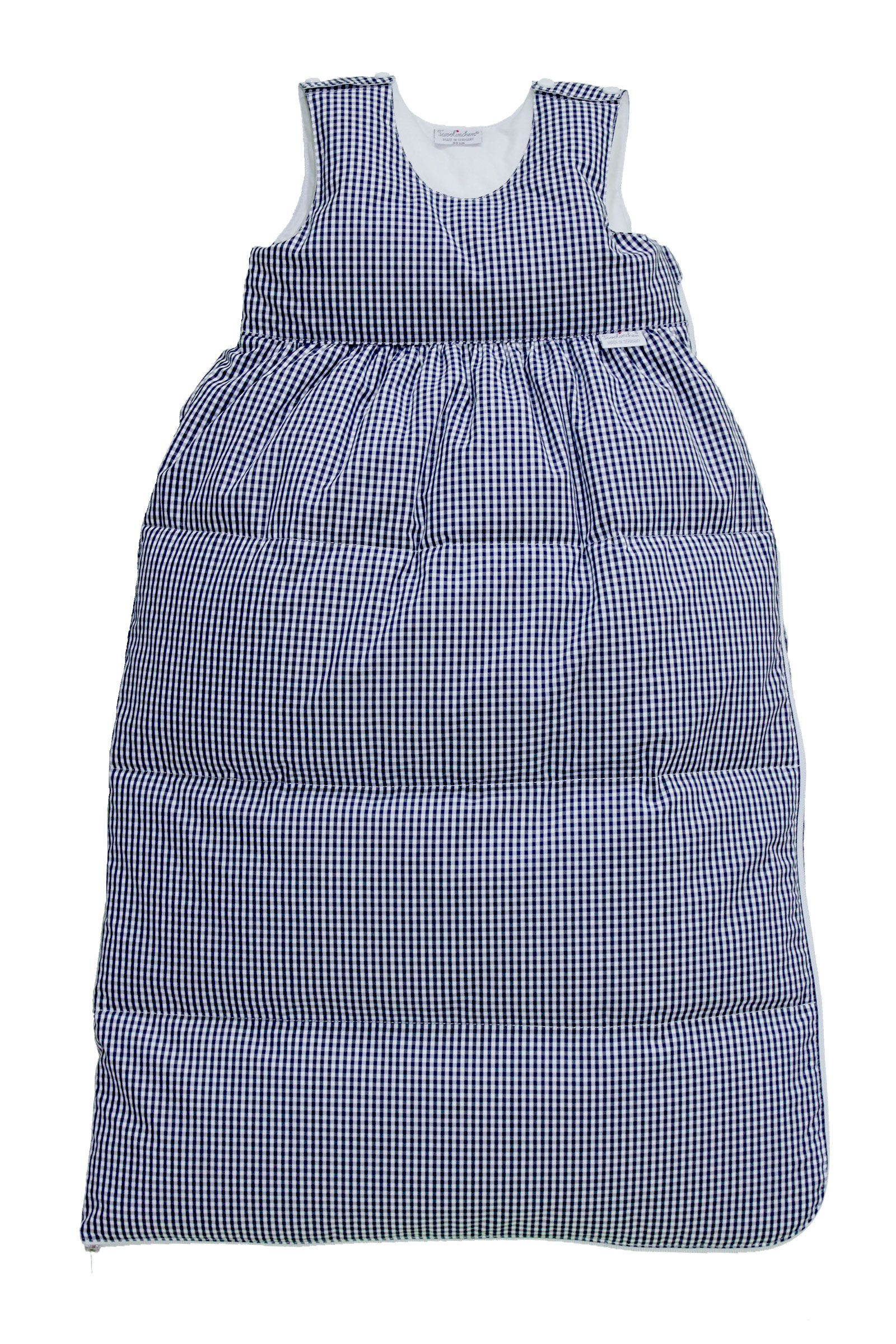 Blau-weiß karierter Daunenschlafsack. Steppung in Längsrichtung. Weißes Innenfutter. Label am oberen Rand. Ärmellos.