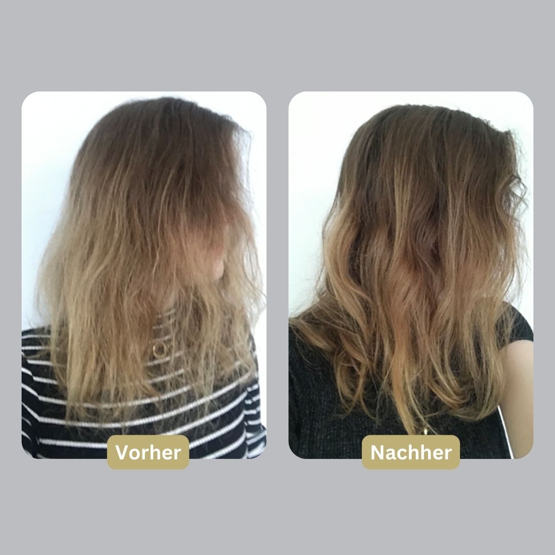 Zwei Fotos von Haaren. Vorher und Nachher. Die Haare sind wellig und haben verschiedene Farben.