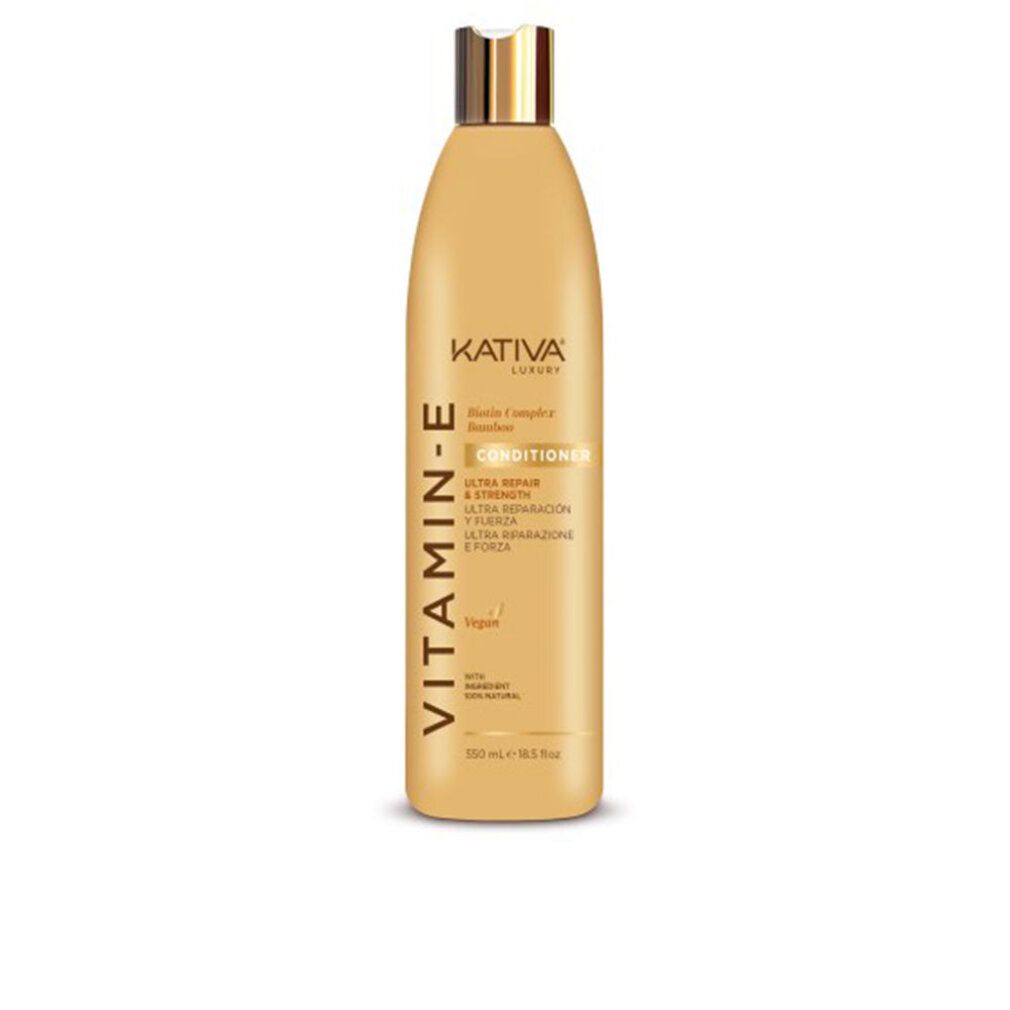Beige Flasche mit goldfarbenem Deckel. Aufschrift: Vitamin E, Conditioner, Ultra Repair & Strength. Marke: Kativa.