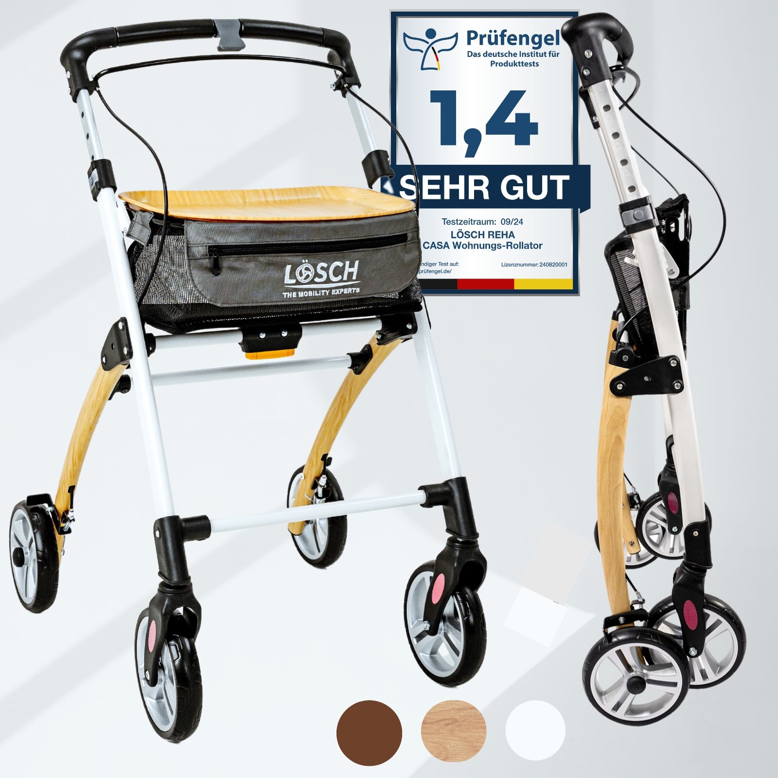 Rollator mit Sitz, Holz- und Metallkonstruktion. Vier Räder, schwarze Griffe, Korb. Prüfzeichen, Farbauswahl.