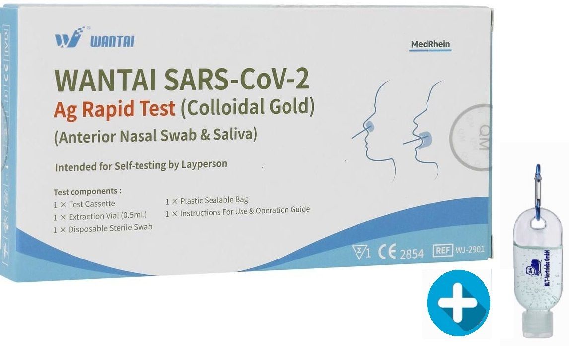 Verpackung mit 'WANTAl SARS-CoV-2 Ag Rapid Test'. Enthält Testkit, Extraktionsfläschchen und Desinfektionsmittel. Mit CE-Kennzeichnung.