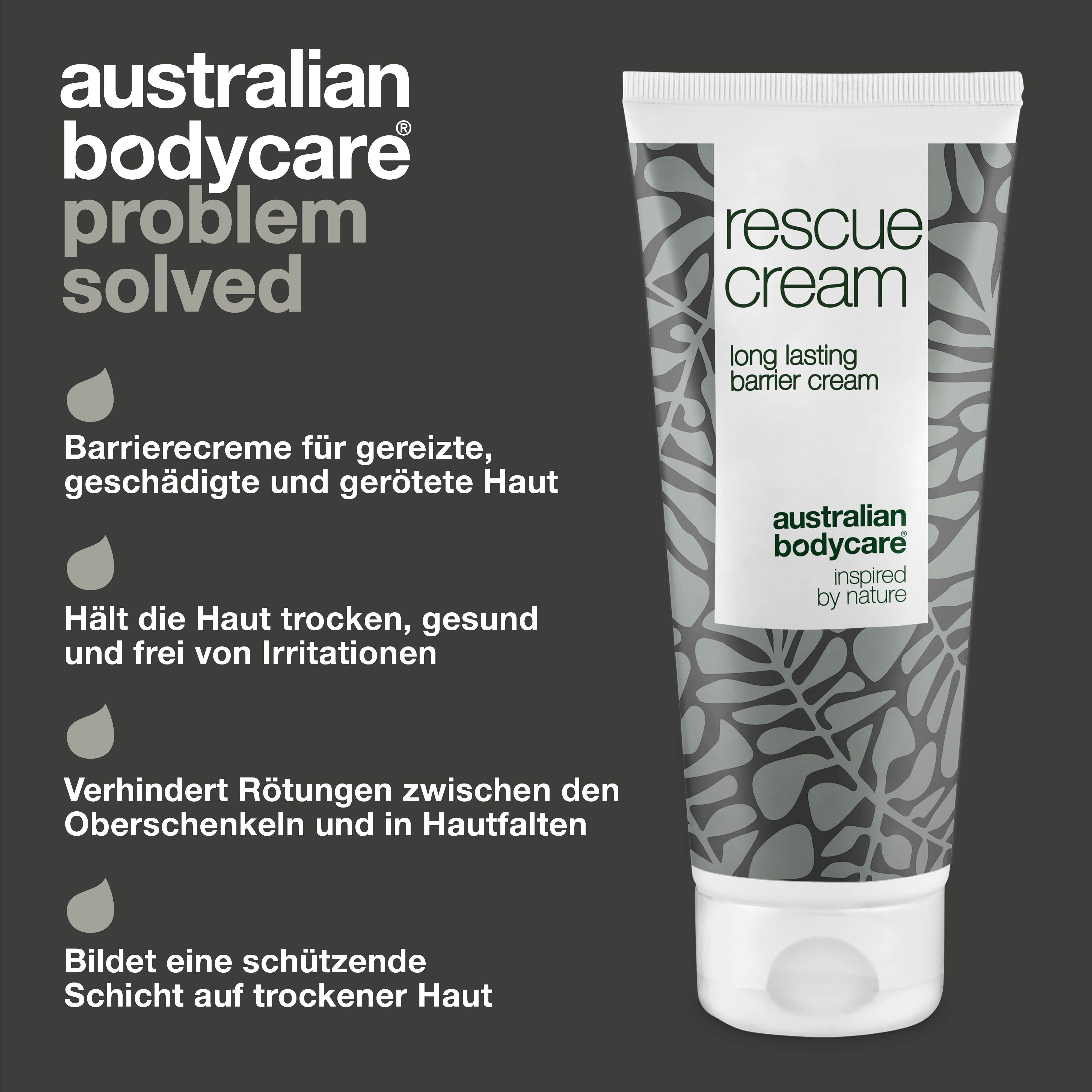Tube Barrierecreme und Text. Text: rescue cream, australian bodycare.