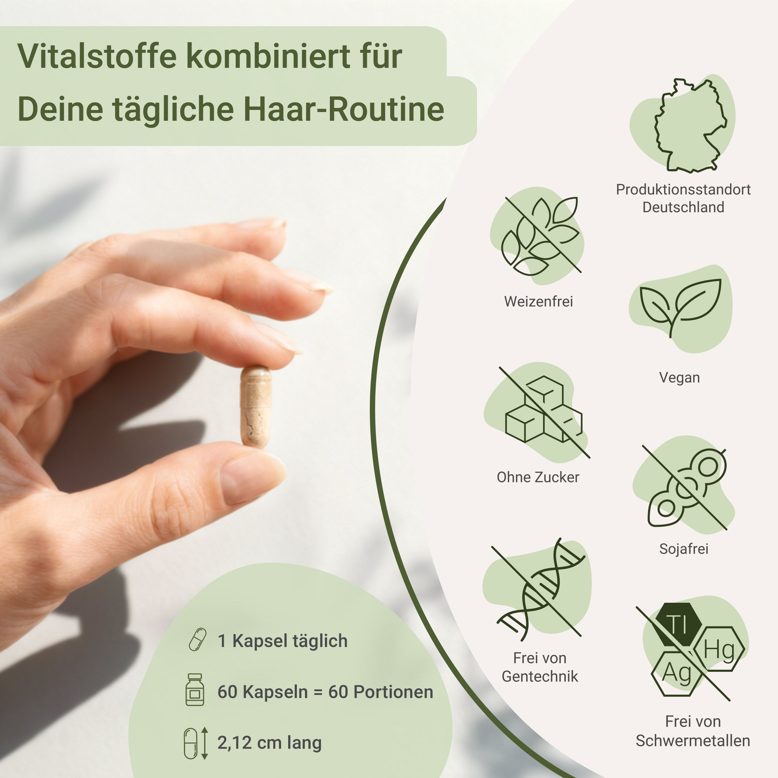 Hand hält eine Kapsel. Aufschrift "hair vital". Icons: 1 Kapsel täglich, 60 Kapseln, 2,12 cm lang. Weitere Icons.