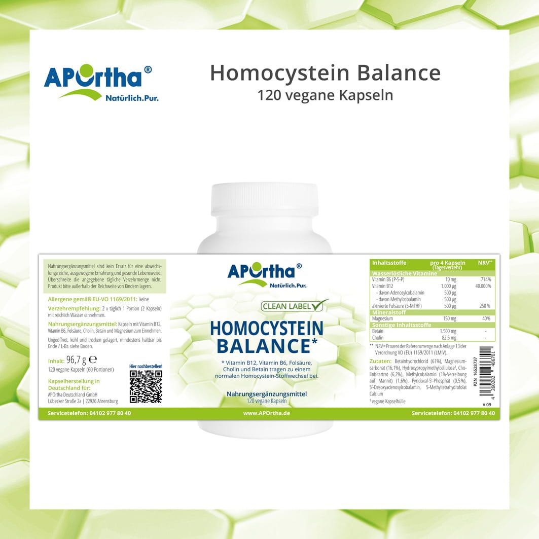 Weiße Flasche mit Etikett. Aufschrift: APOrtha Homocystein Balance. 120 vegane Kapseln. Nährwertangaben und weitere Informationen.
