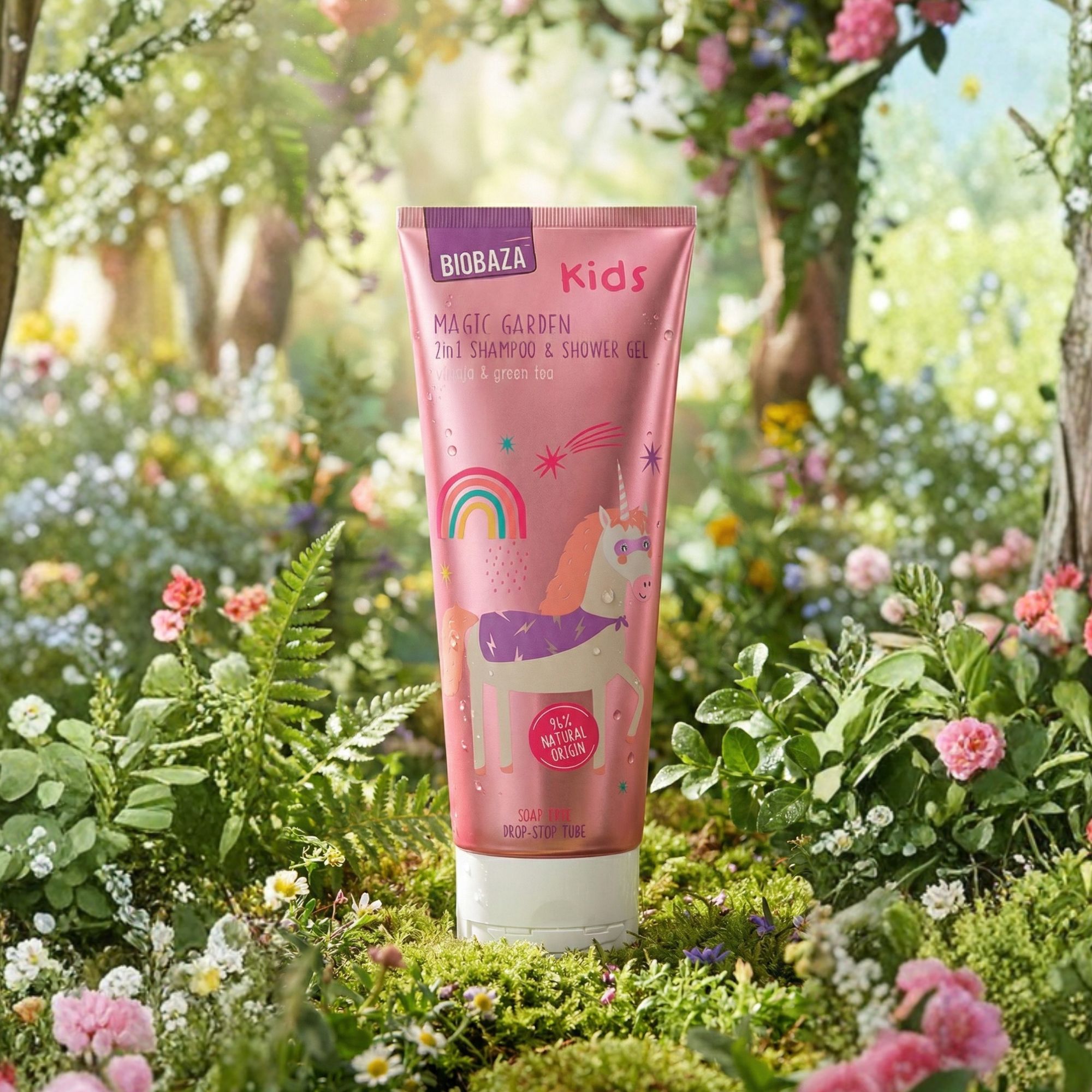 Rosa Tube mit Einhorn-Illustration. Text: Biobaza Kids Magic Garden 2in1 Shampoo & Shower Gel. Umgeben von Blumen.