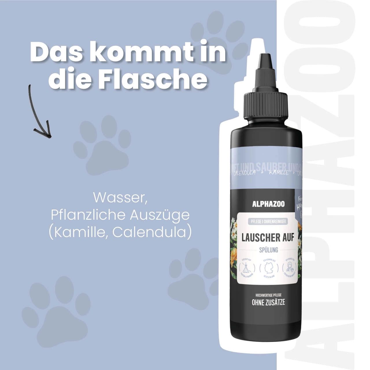 Produktflasche mit Text und Illustrationen. Pfeil zeigt auf die Inhaltsstoffe: Wasser, pflanzliche Auszüge (Kamille, Calendula).