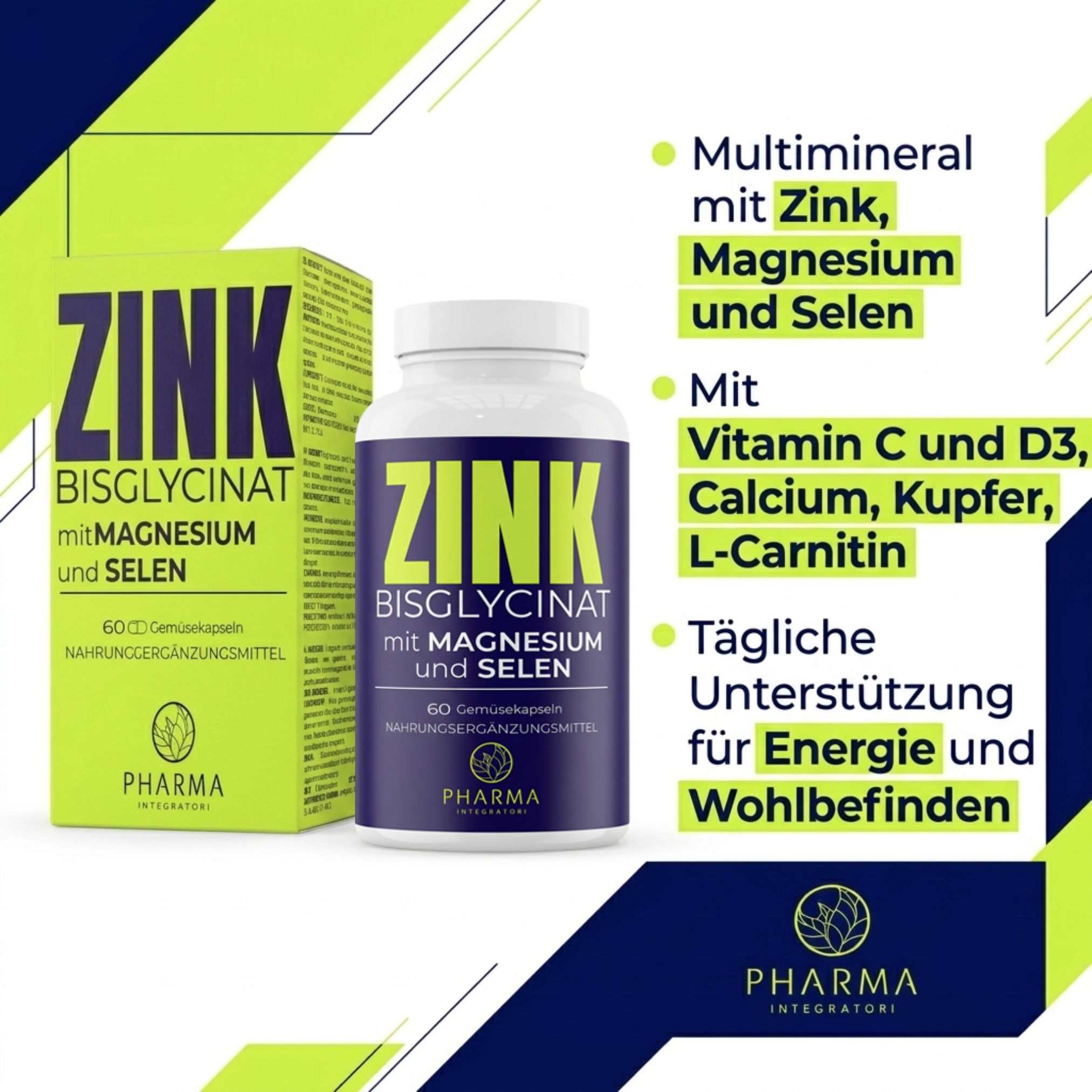 Produktbild Zink Bisglycinat mit Vitamin C, D3, Calcium, Kupfer, L-Carnitin. Multimineral für Energie und Wohlbefinden.