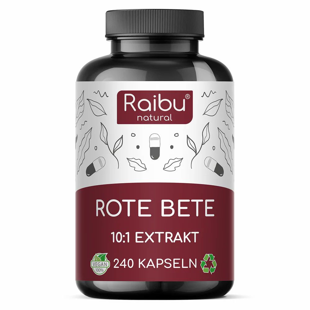 Rote Beete Kapseln Hochdosiert 14.000 mg - Vegan - 10:1 Extrakt mit natürlichen Nitraten - RAIBU