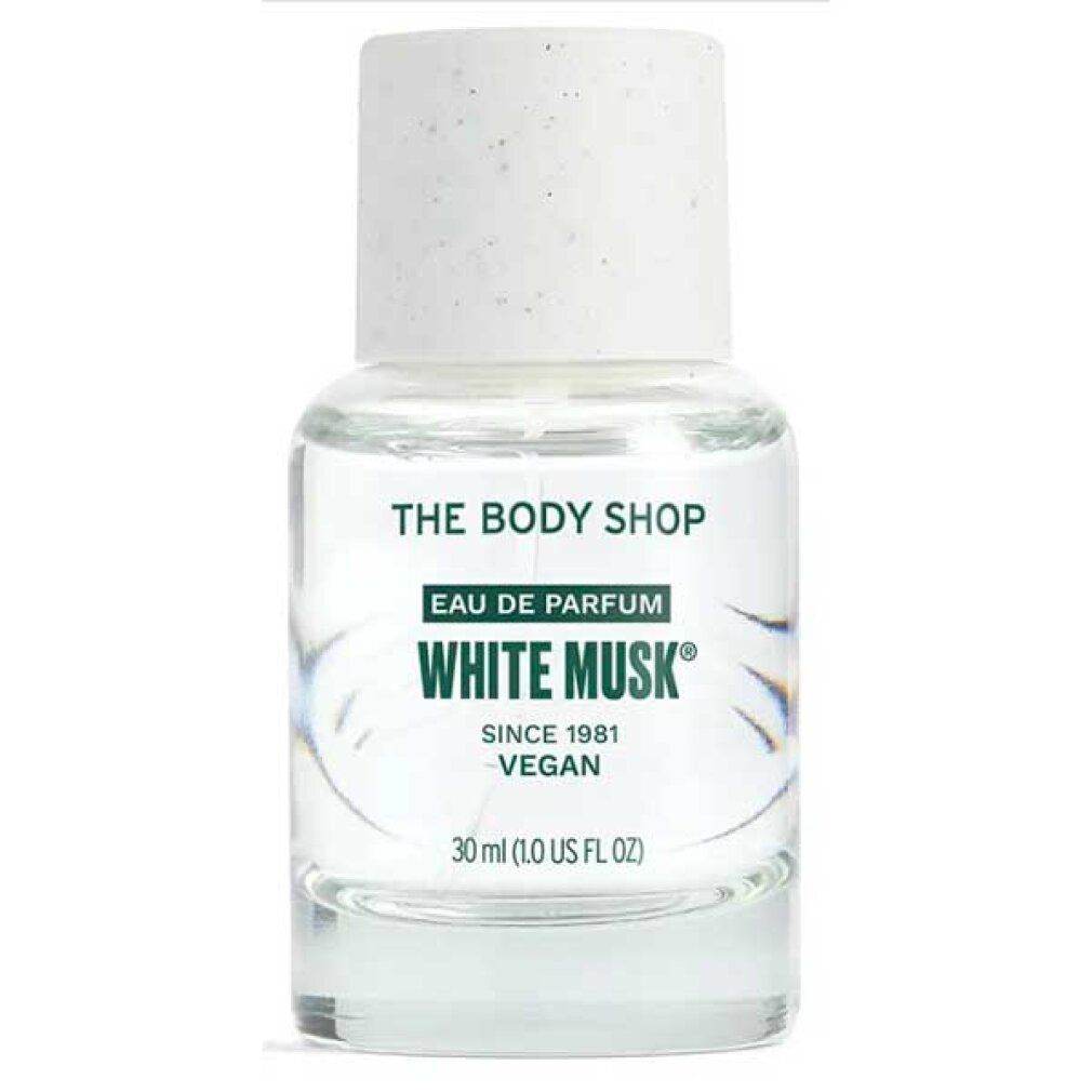 Parfümflasche mit weißem Deckel. Aufschrift: White Musk, Vegan. Marke: The Body Shop. 30 ml.