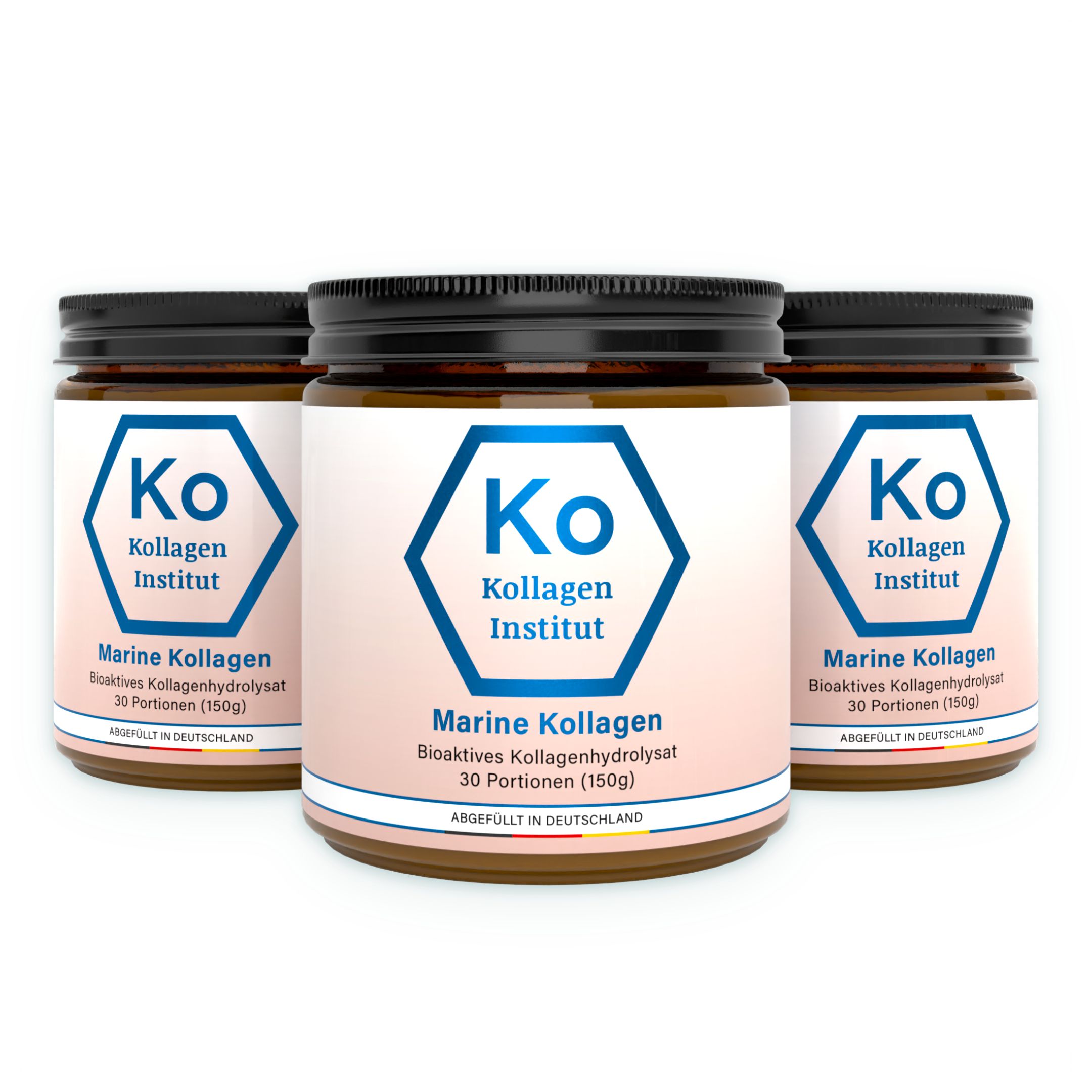 Drei Gläser Kollagen Institut Marine Kollagen Pulver mit Hexagon-Logo und Etikett.