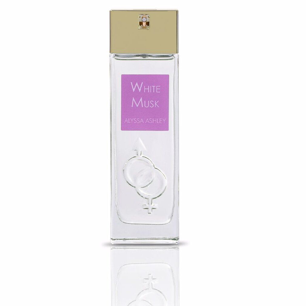 Alyssa Ashley White Musk Eau de Parfum Spray. Rechteckiger Flakon mit goldfarbenem Deckel. Lila Etikett mit Schriftzug.