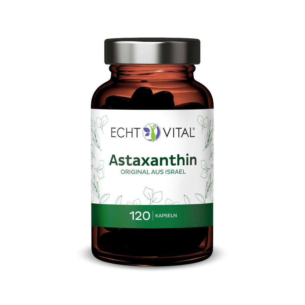 Braune Glasflasche mit Astaxanthin-Kapseln. Etikett mit "Echt Vital" und "Astaxanthin". 120 Kapseln.