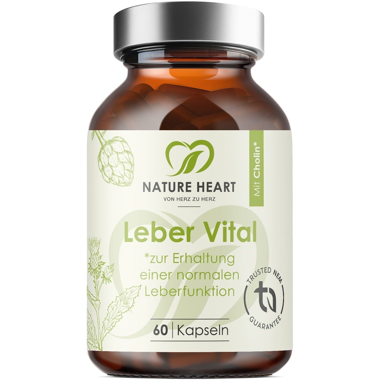 Braune Glasflasche mit Kapseln. Aufschrift: Leber Vital, 60 Kapseln. Logo: Nature Heart.