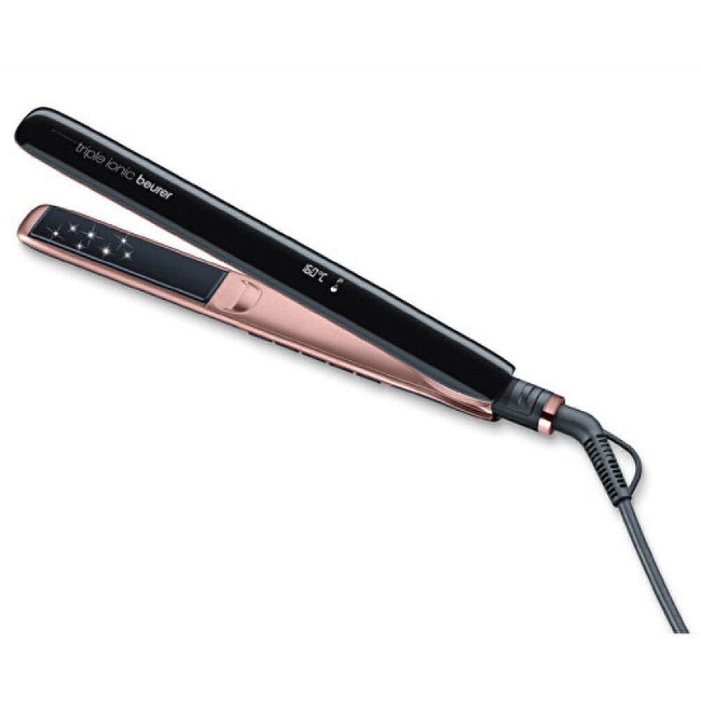 Beurer StylePro Haarglätter, schwarz mit roségoldfarbenen Elementen. Triple Ionic Funktion. Digitalanzeige.