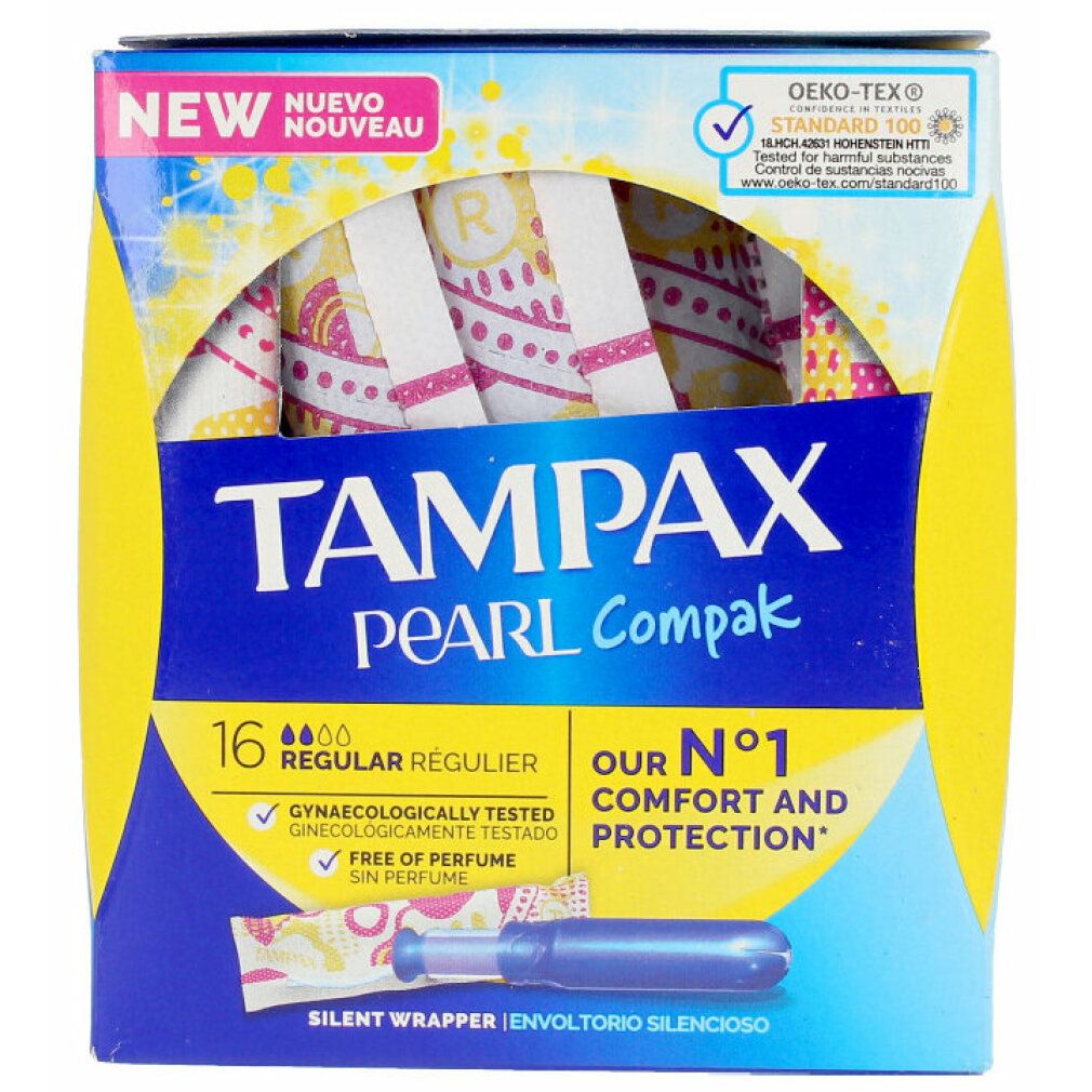 Verpackung mit Tampons. Marke: Tampax Pearl Compak. 16 Stück, Regular. Mit Oeko-Tex-Zertifizierung. Gynaekologisch getestet.