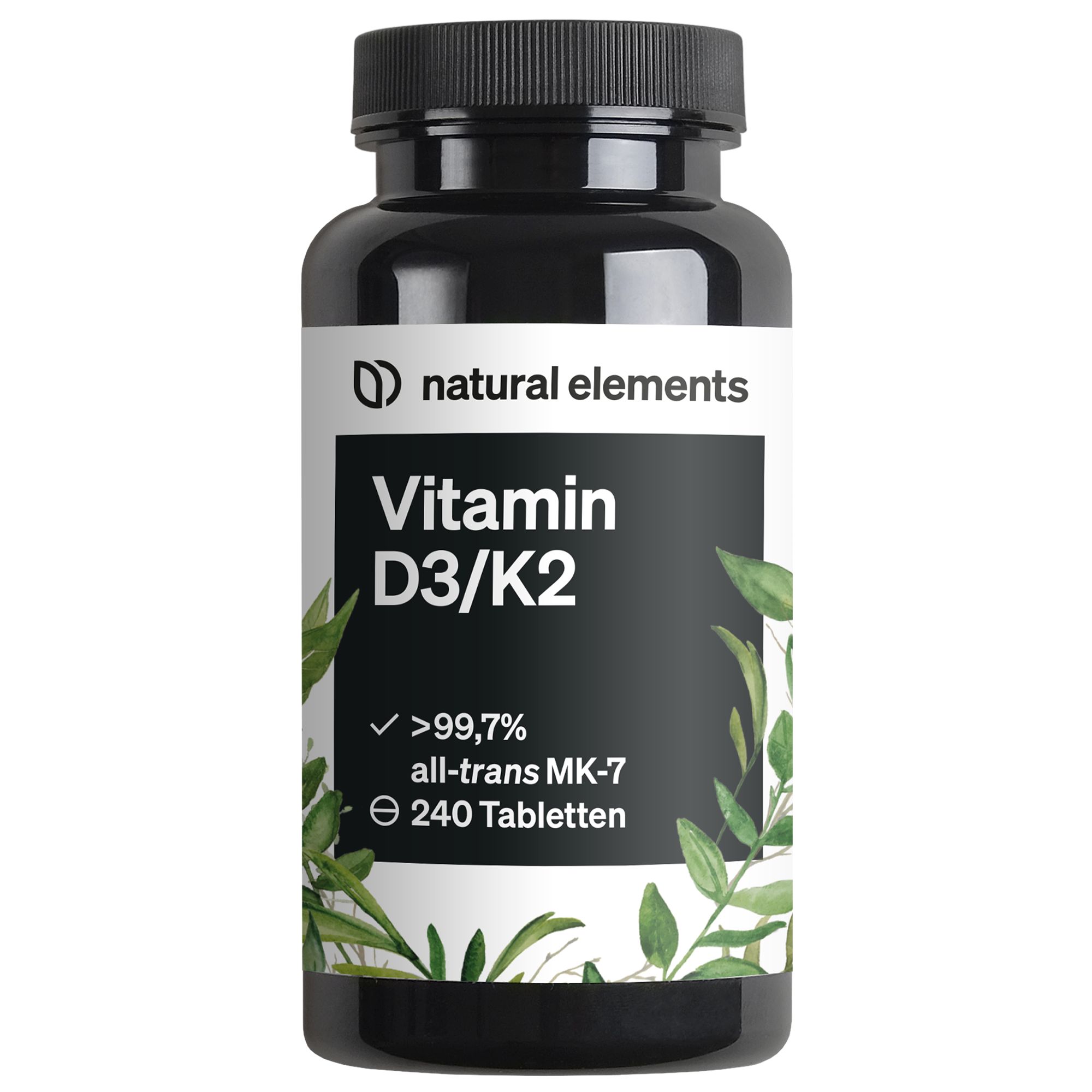 Schwarze Flasche mit weißem Etikett. Auf dem Etikett steht Vitamin D3/K2, 240 Tabletten. Mit grünen Blättern verziert.