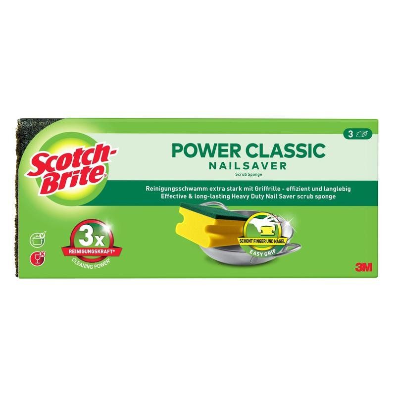 Verpackung mit drei Scotch-Brite® Power Classic Nail Saver Schwämmen. Grün und gelb. Text: Reinigungsstärke, Easy Grip.