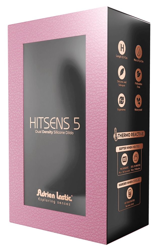 Verpackung von „Hitsens 5 Dual Density Silicone Dildo“. Rosa Akzente, Produktinformationen und Logos.