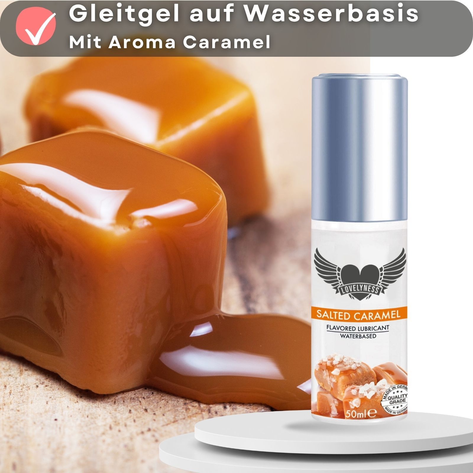 Gleitgel mit Aroma Caramel. Flasche mit silbernem Deckel. Karamellstücke.