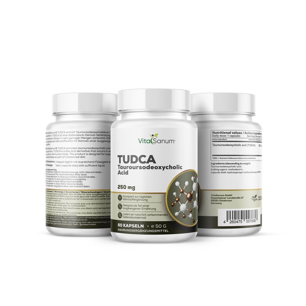 Drei weiße Flaschen VitaSanum® TUDCA. Aufschrift: TUDCA Tauroursodeoxycholic Acid, 250 mg, 60 Kapseln, Nahrungsergänzungsmittel.