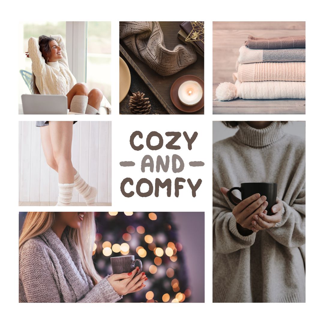 Collage mit verschiedenen Bildern: Frau mit Tasse, gestapelte Pullover, Kerze, Beine mit Socken. Text: Cozy and Comfy.
