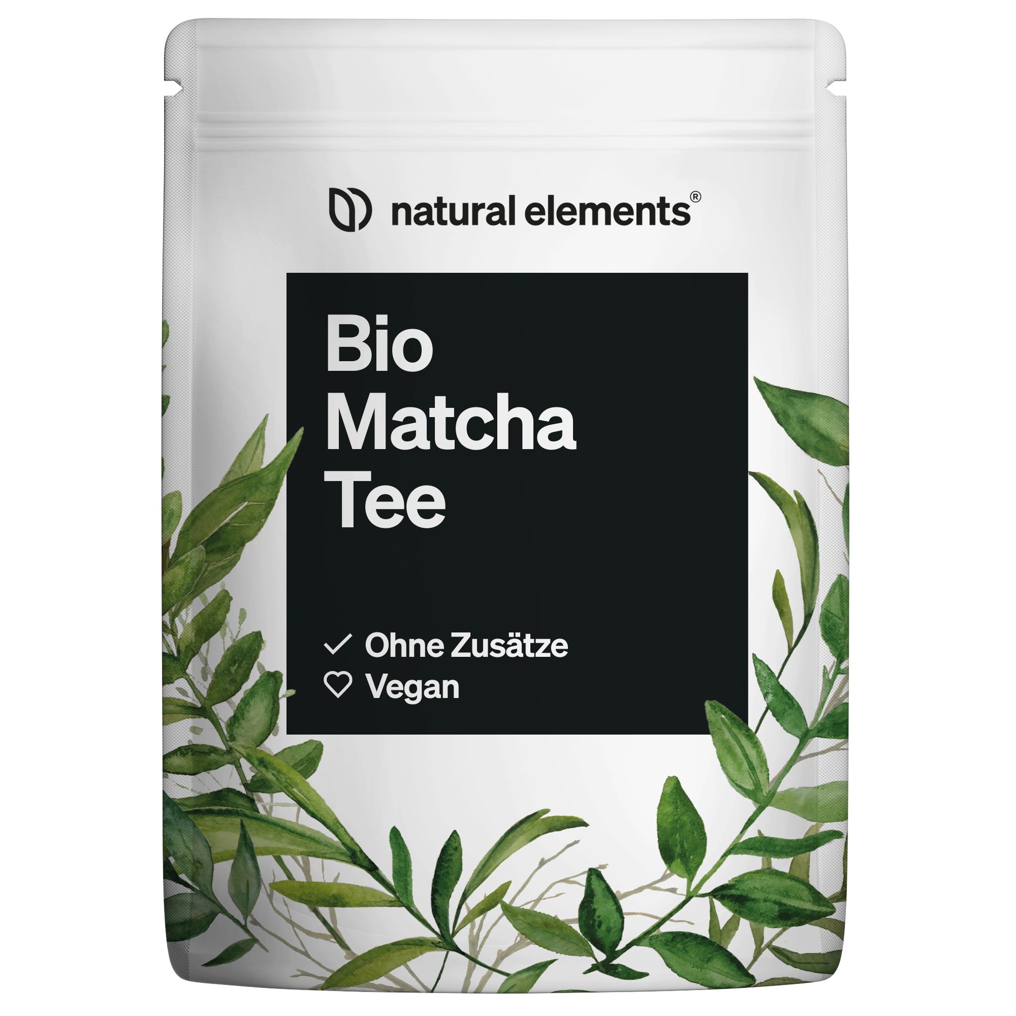 Weiße Verpackung "Bio Matcha Tee" mit Logo und Produktbezeichnung. Grüntee-Pulver, ohne Zusätze, vegan.