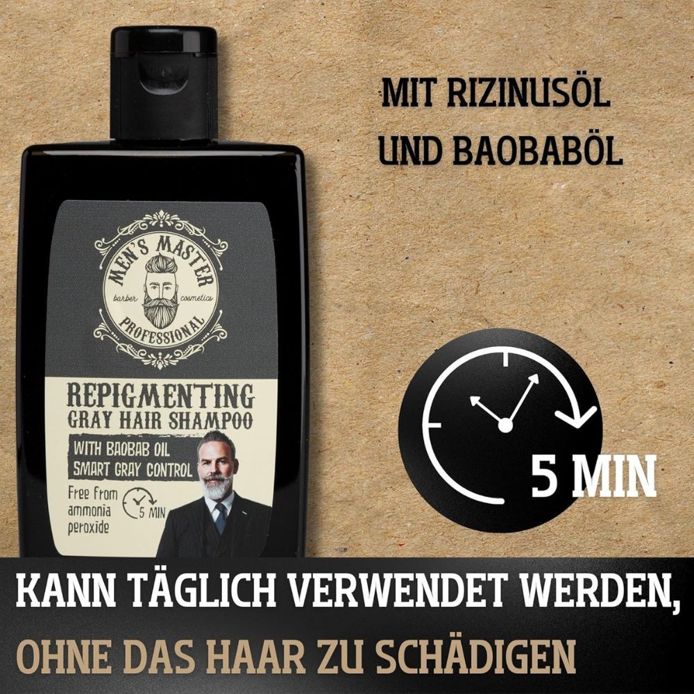 Produktflasche mit Text und Uhr. Text: Mit Rizinusöl und Baobaböl. Kann täglich verwendet werden, ohne das Haar zu schädigen.