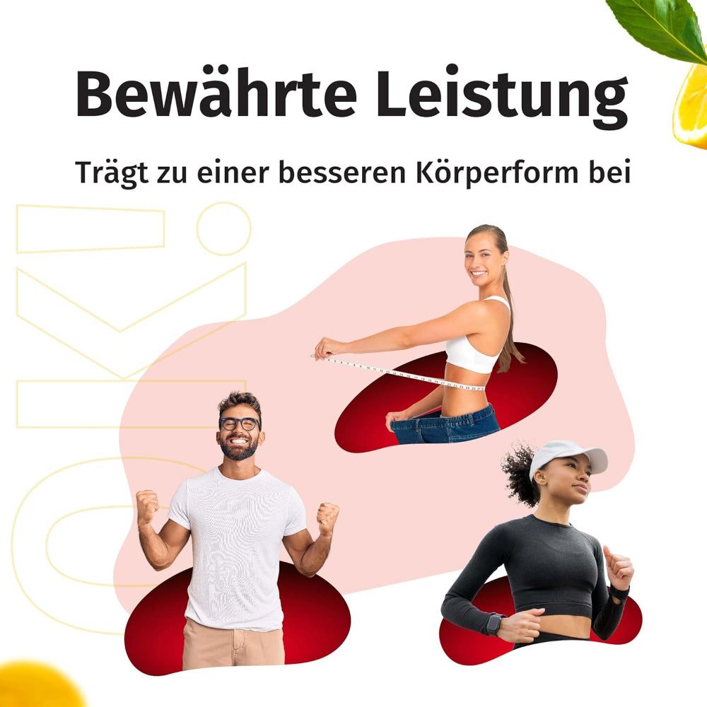 Drei Personen, die sich freuen. Text: Bewährte Leistung. Trägt zu einer besseren Körperform bei.