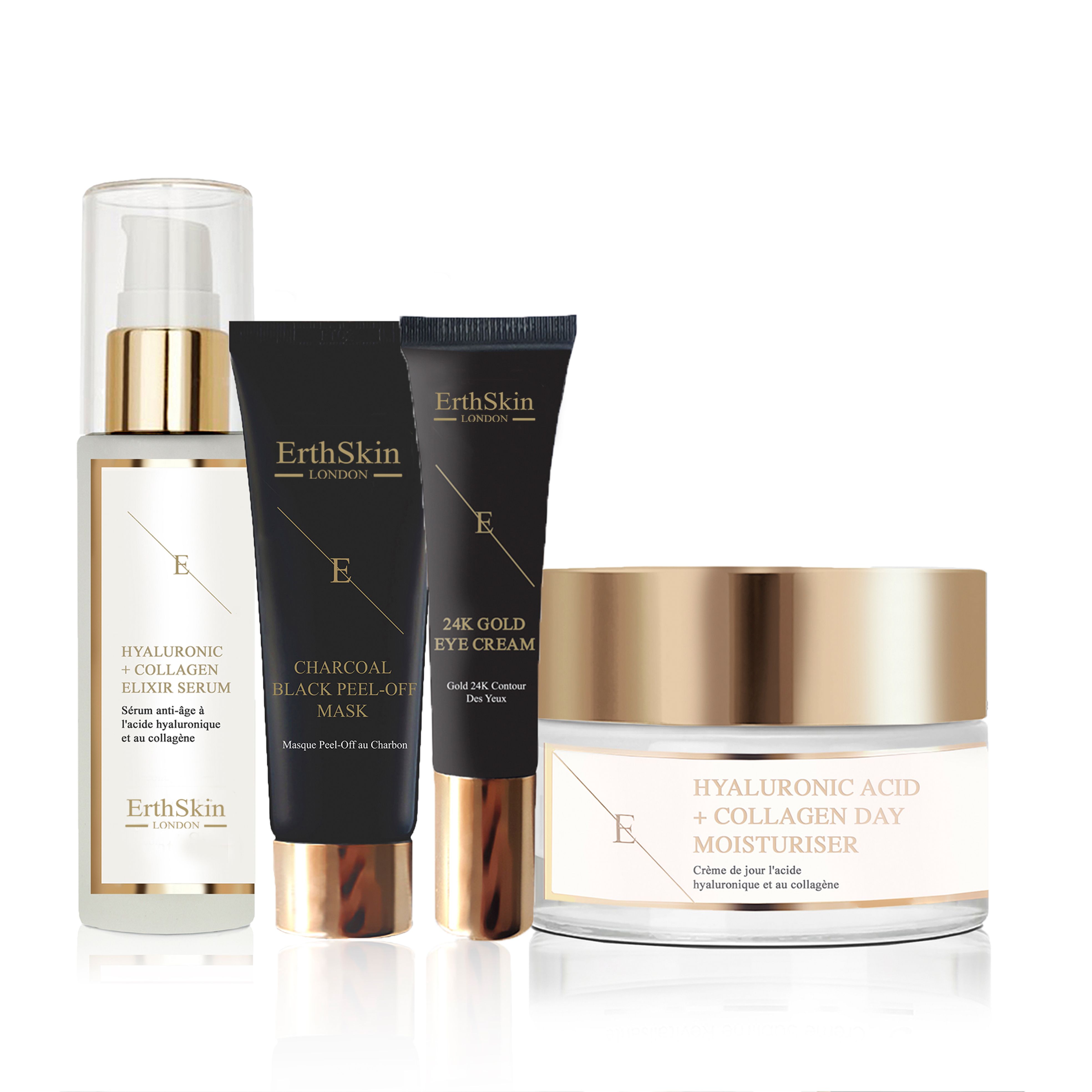 Vier Kosmetikprodukte: Serum, Maske, Augencreme und Tagescreme. Schwarze und goldene Verpackungen. Text: ErthSkin London.