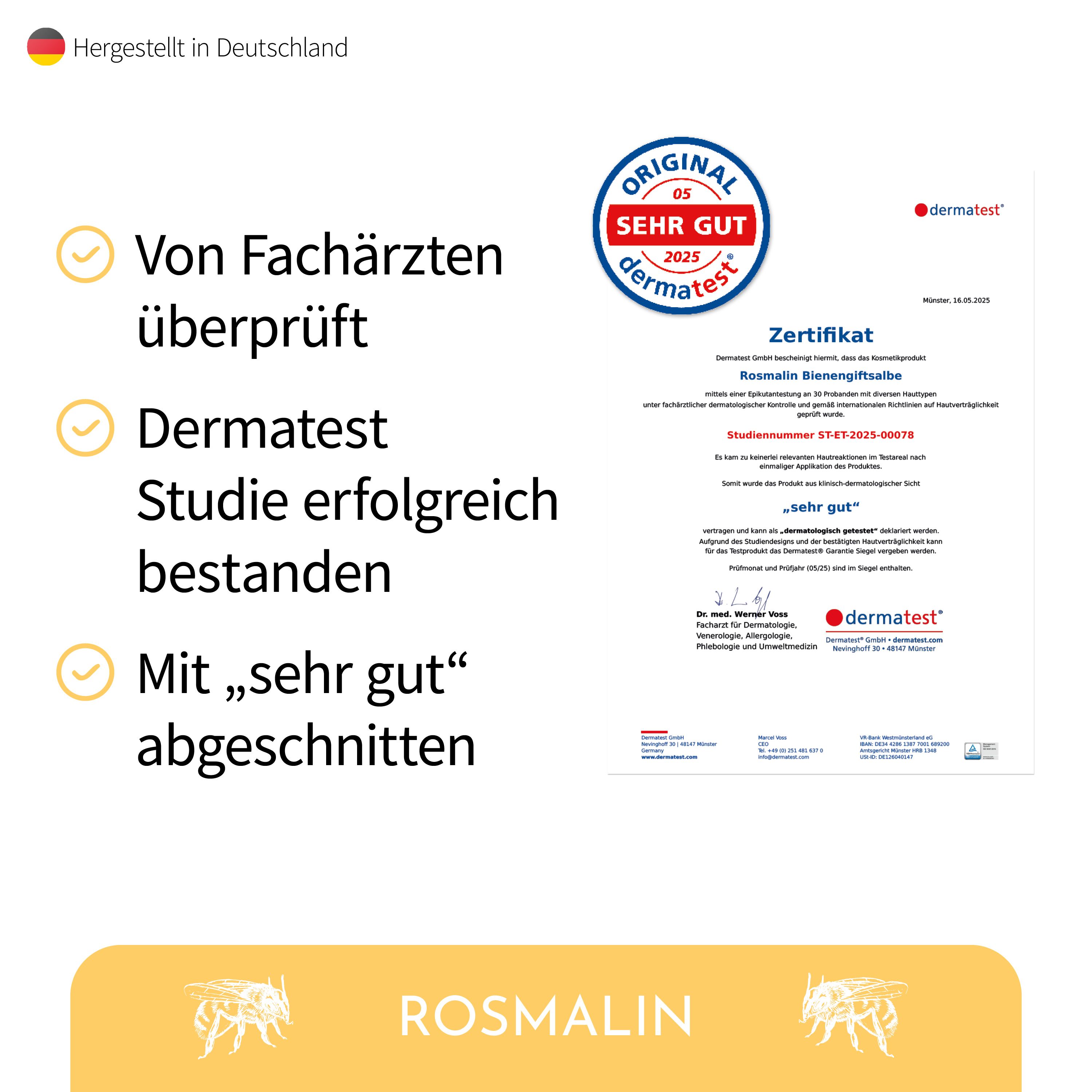 Zertifikat von Dermatest. Aufschrift: Dermatest Studie erfolgreich bestanden. Mit „sehr gut“ abgeschnitten. Logo.
