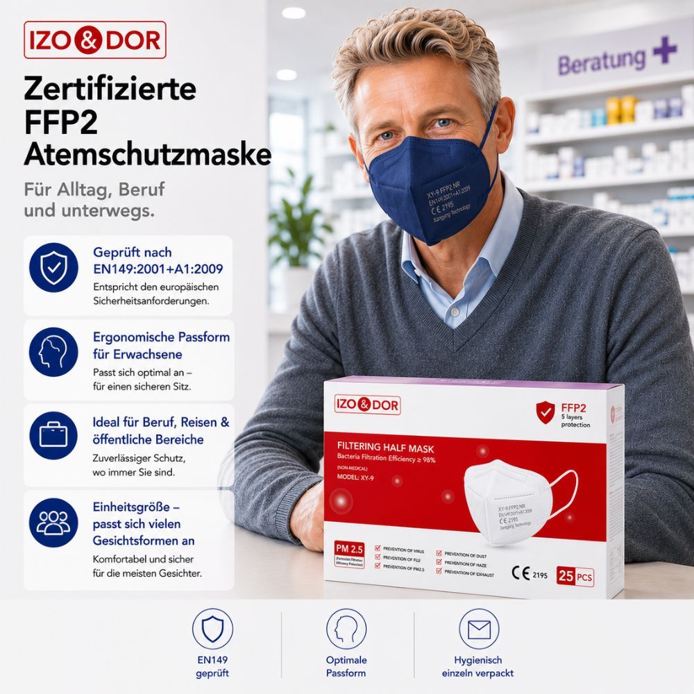 Mann trägt dunkelblaue FFP2 Maske. Verpackung zeigt CE 2195, 25 Stück.