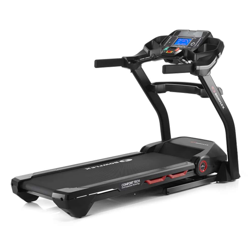Schwarzes Laufband mit Display und Griffen. Marke Bowflex. Rote Akzente. Comfort Tech.