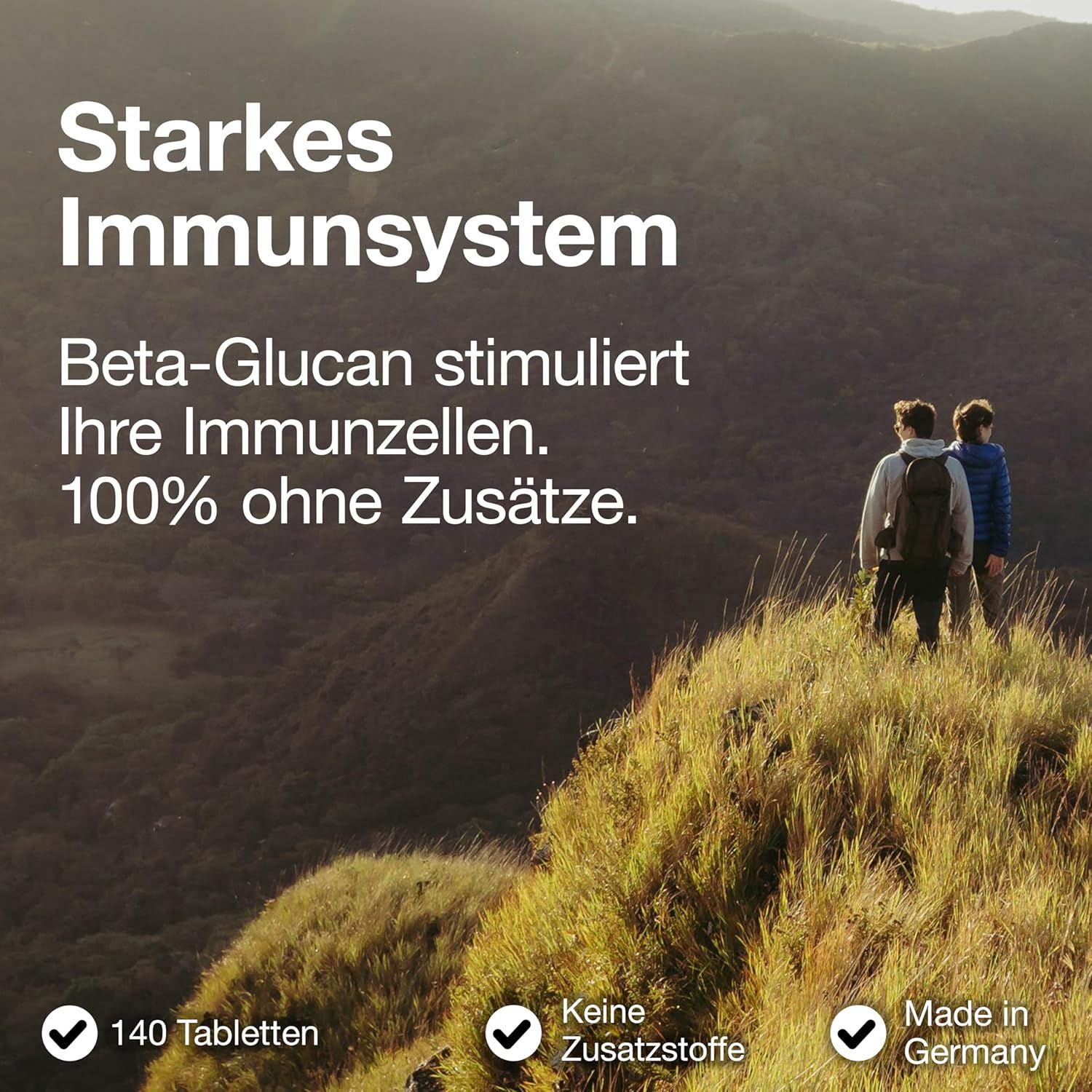 Zwei Personen auf einem Berg. Text: 'Starkes Immunsystem', 'Beta-Glucan stimuliert Ihre Immunzellen. 100% ohne Zusätze.'