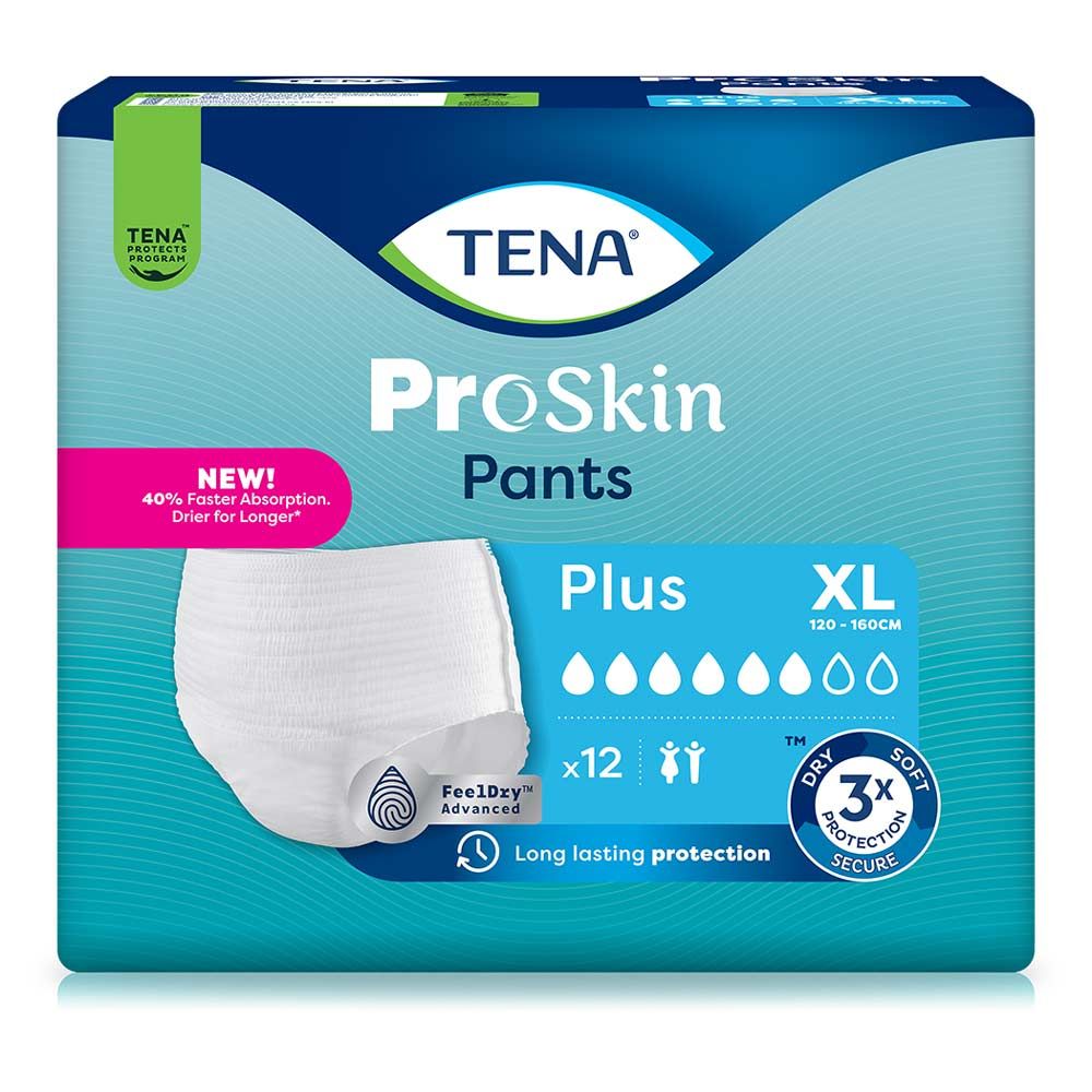 Verpackung TENA ProSkin Pants Plus XL. Blaue Verpackung mit Produktabbildung. Text: ProSkin Pants Plus XL, 12 Stück, Dry Soft.
