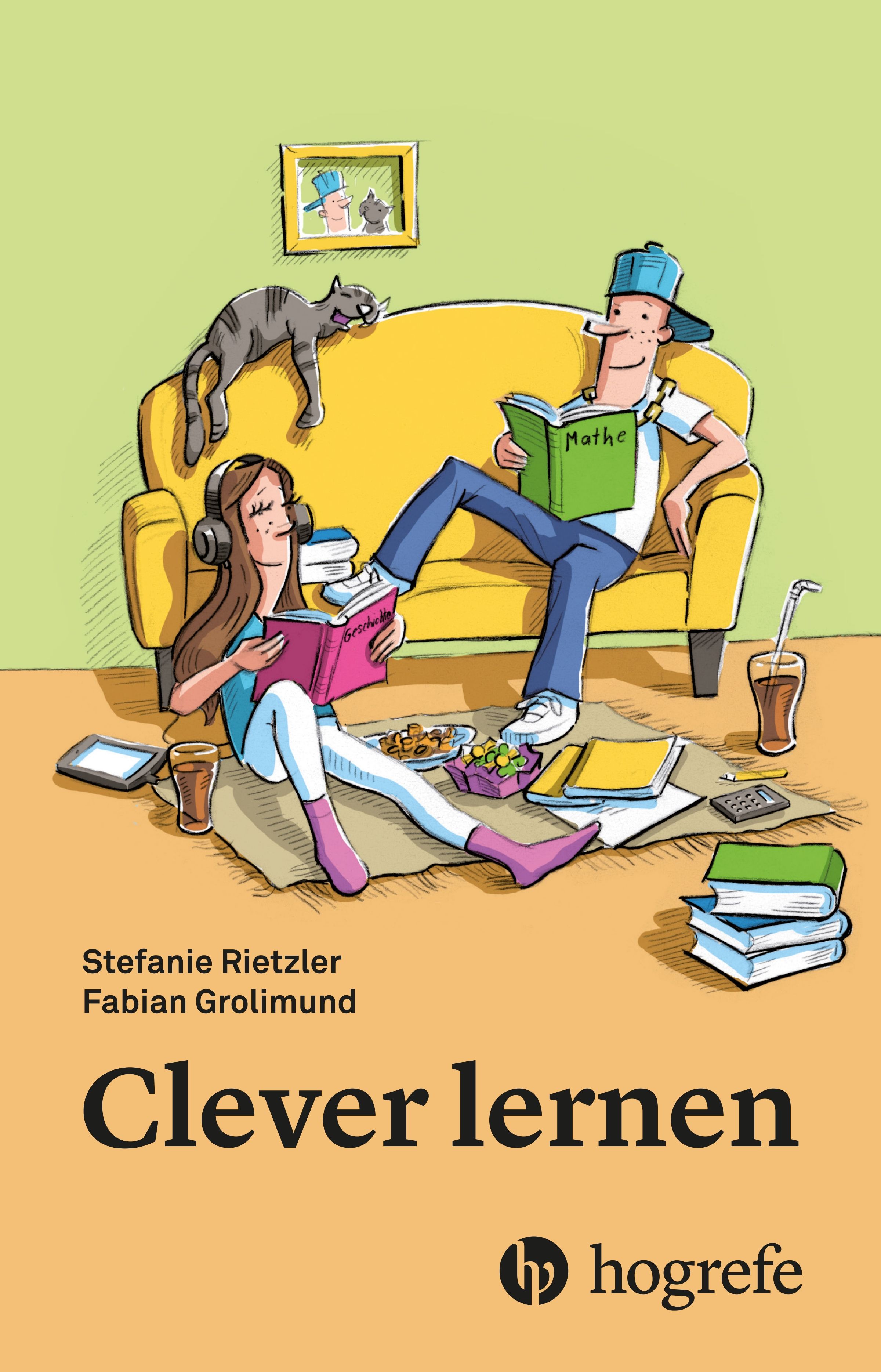 Buchcover mit Illustration. Zwei Personen lesen auf einem Sofa und am Boden. Titel: Clever lernen. Autoren: Stefanie Rietzler, Fabian Grolimund. Verlag: Hogrefe.