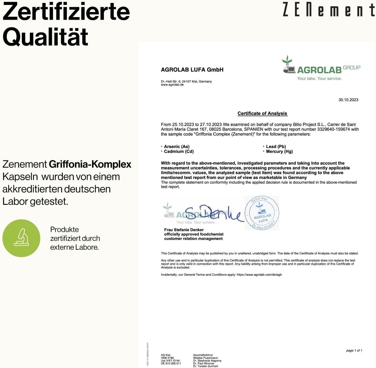 Zertifikats-Auszug. Text: Zertifizierte Qualität. Zenement Griffonia-Komplex Kapseln wurden von einem akkreditierten deutschen Labor getestet.