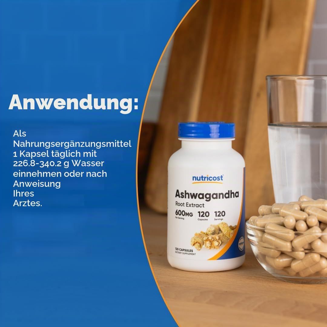 Eine Flasche Nutricost Ashwagandha Root Extract 600mg und Kapseln daneben, mit Anwendungshinweisen.