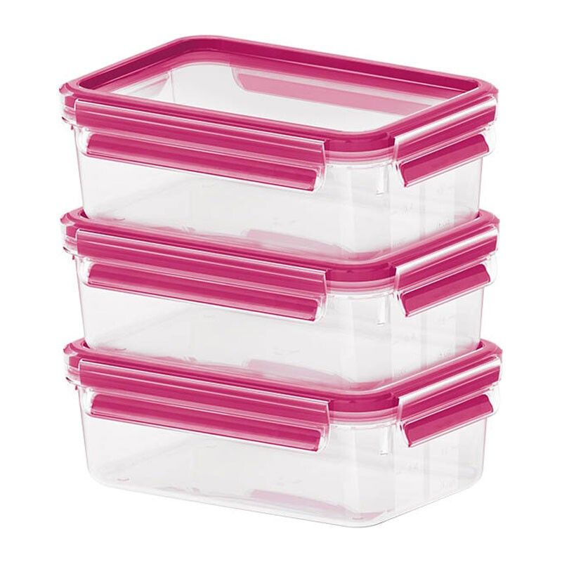 Drei transparente Frischhaltedosen mit pinkfarbenen Deckeln und Verschlüssen. Rechteckige Form, gestapelt.