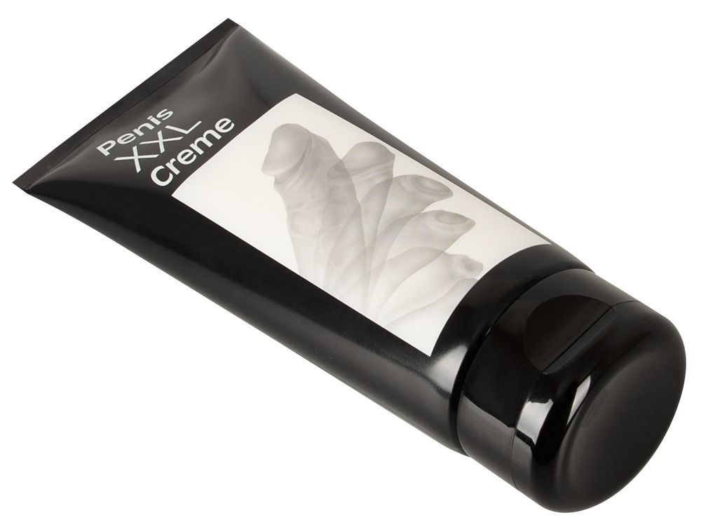 Schwarze Tube mit weißem Etikett. Aufschrift: Penis XXL Creme. Abbildung eines Penis. Schräge Ansicht.