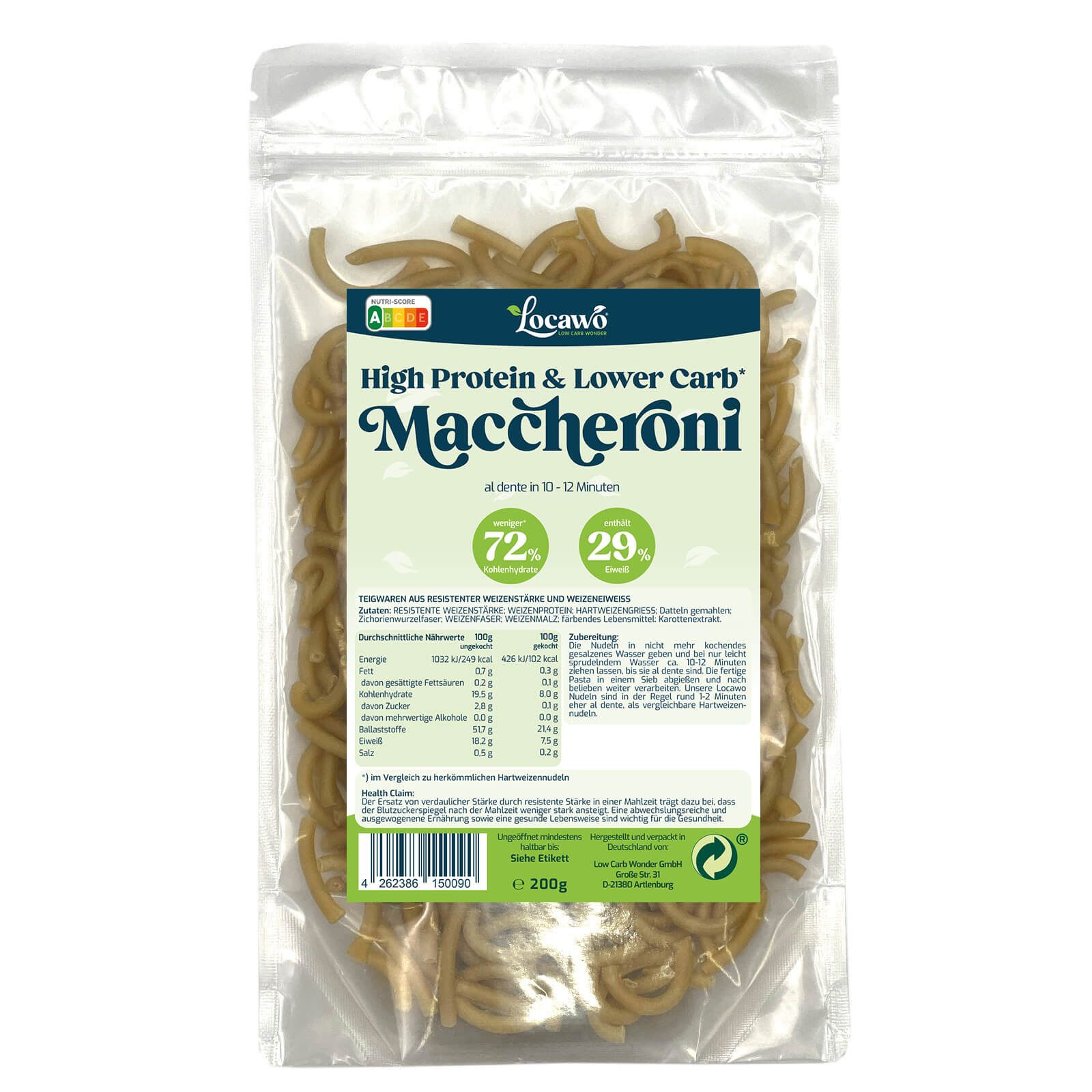 Beutel mit Maccheroni-Pasta. Klare Verpackung. Grünes Etikett mit Text: High Protein & Lower Carb. Nährwertangaben.