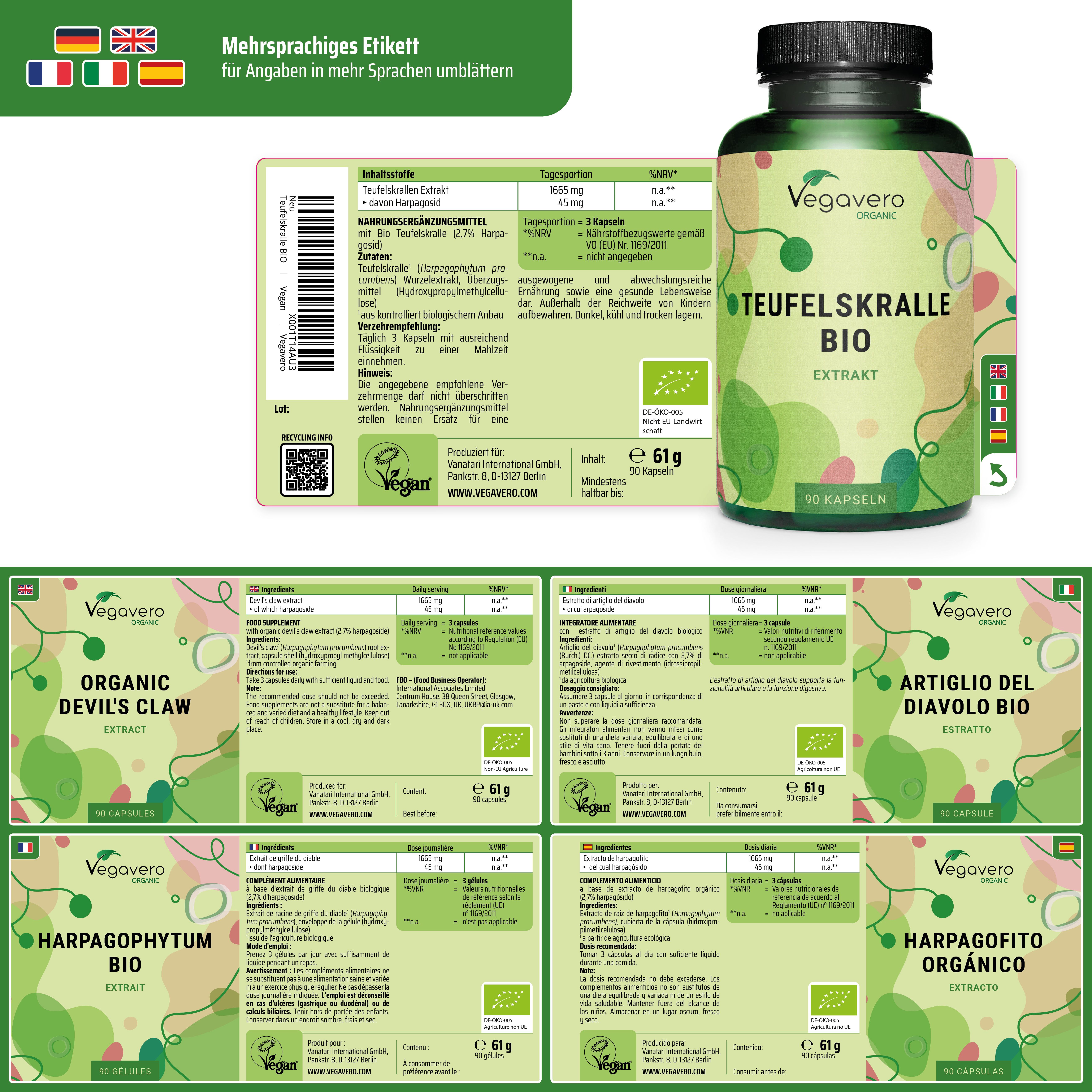 Mehrsprachiges Etikett mit Informationen in verschiedenen Sprachen. Flasche mit Teufelskralle BIO Extrakt. Vegan-Siegel.