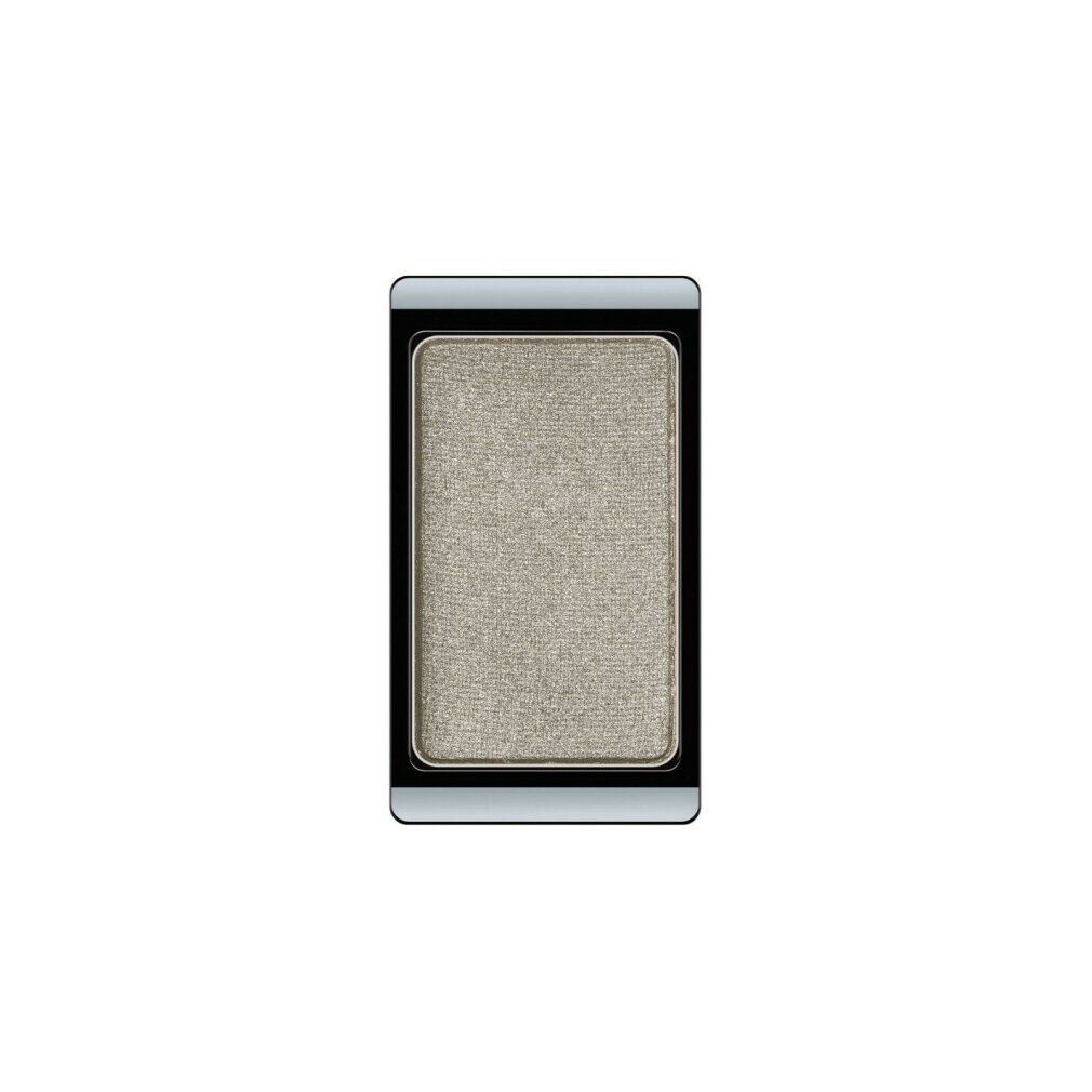 Lidschatten, rechteckig, silber-grau, in schwarzem und silbernem Behälter. Einzelprodukt, Draufsicht.