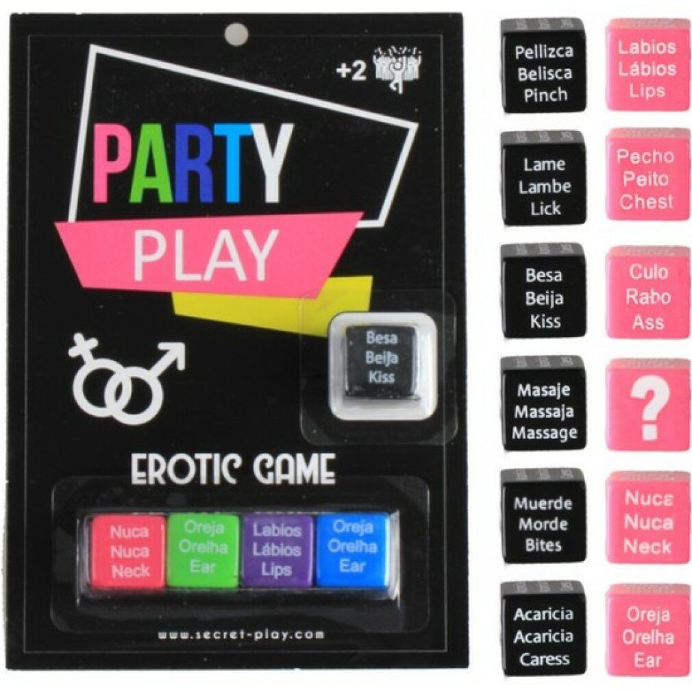 Spiel mit Würfeln. Schwarze Verpackung mit "PARTY PLAY"-Schriftzug. Mehrere farbige Würfel mit Text. Website-Adresse: secret-play.com.