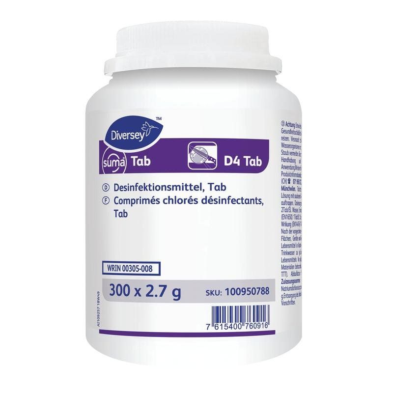 Weiße Flasche mit Deckel. Aufschrift: suma Tab D4. Enthält 300 Tabletten. Hersteller: Diversey. Produktbezeichnung und Chargennummer.